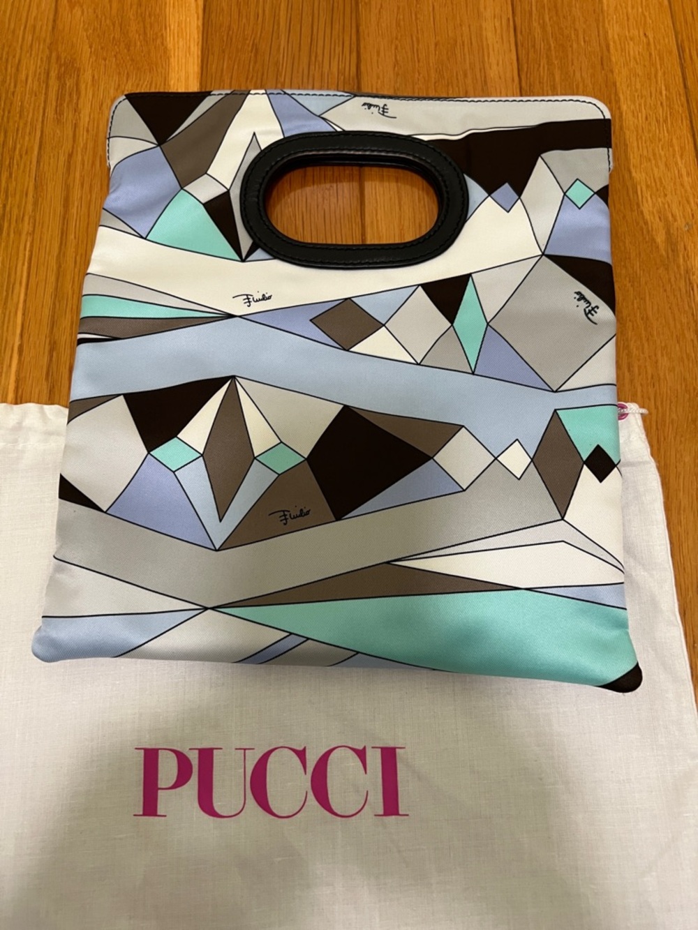 Emilio Pucci Geometric Print Cutout Handle Clutch in Mint, Light Blue and Black